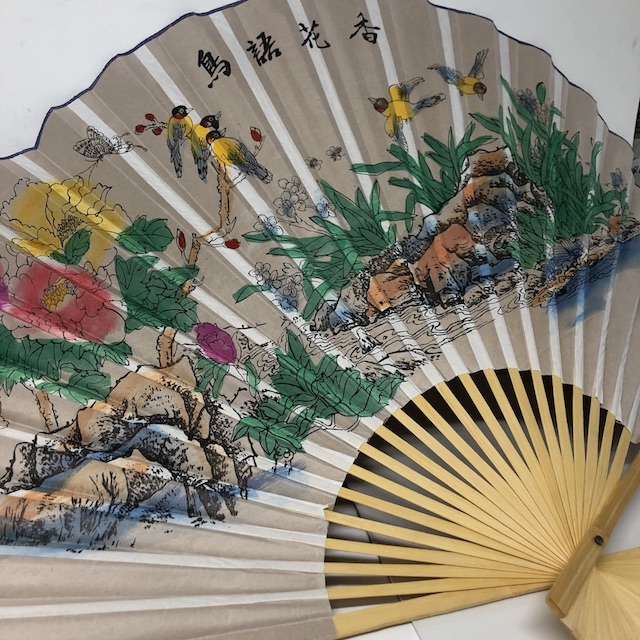 FAN, Asian Style - Large Riverbank & Yellow Bird Design 150cm 